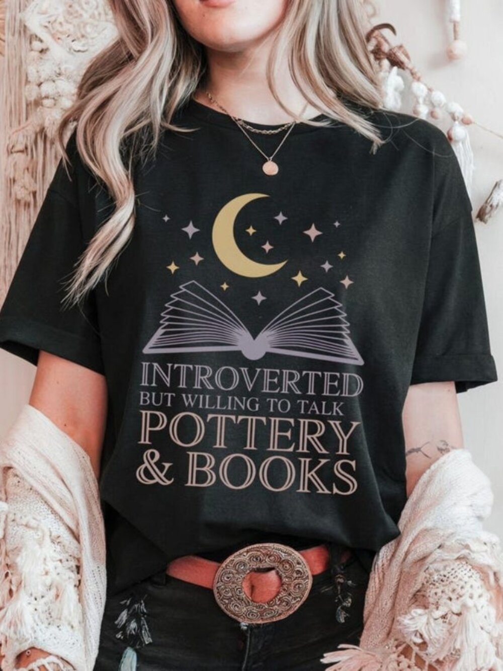 Introvert Cozy Pottery Graphic Tee, Bookworm Moon Reading Shirt